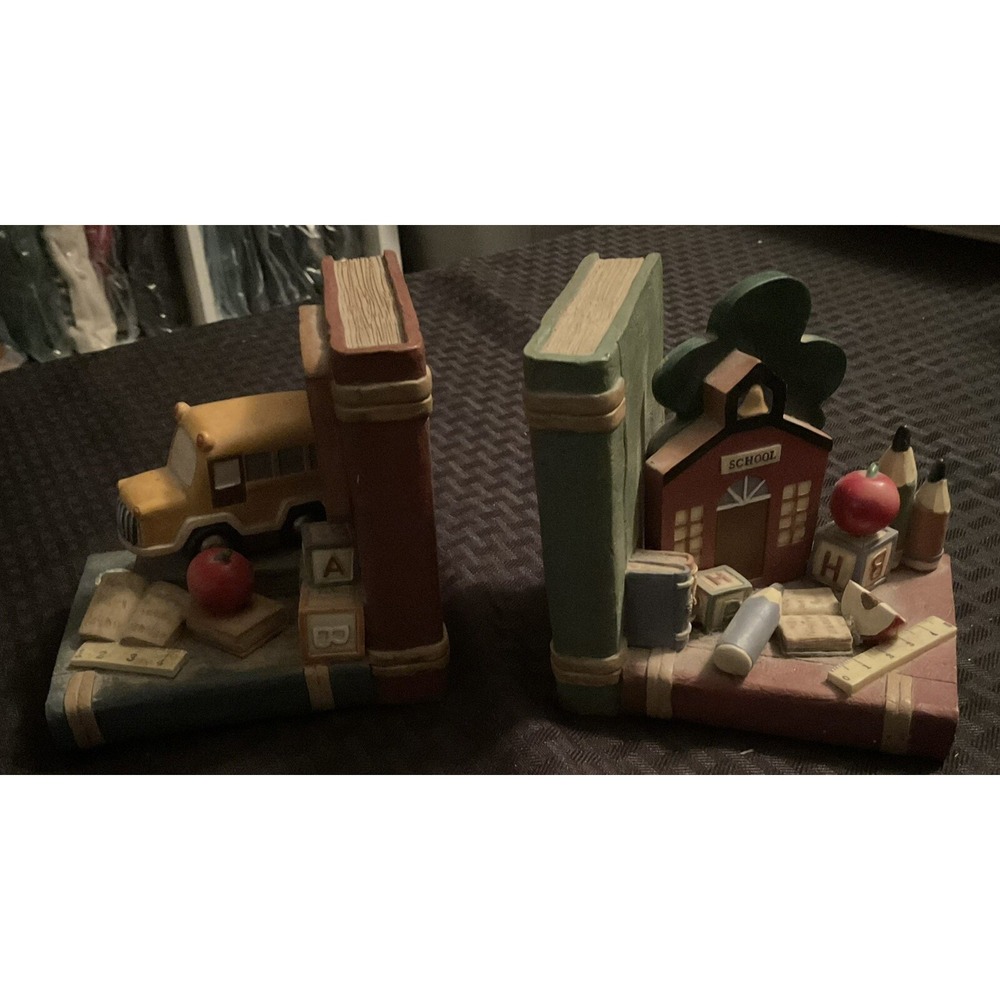 Vintage Bookends - School House & Yellow School Bus, Apples, ABC Blocks, Pencils